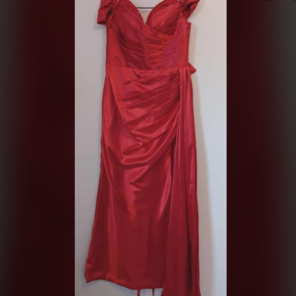 Red Satin Off Shoulder Prom Slit Beaded Mermaid adjustable waist US size 8 lace